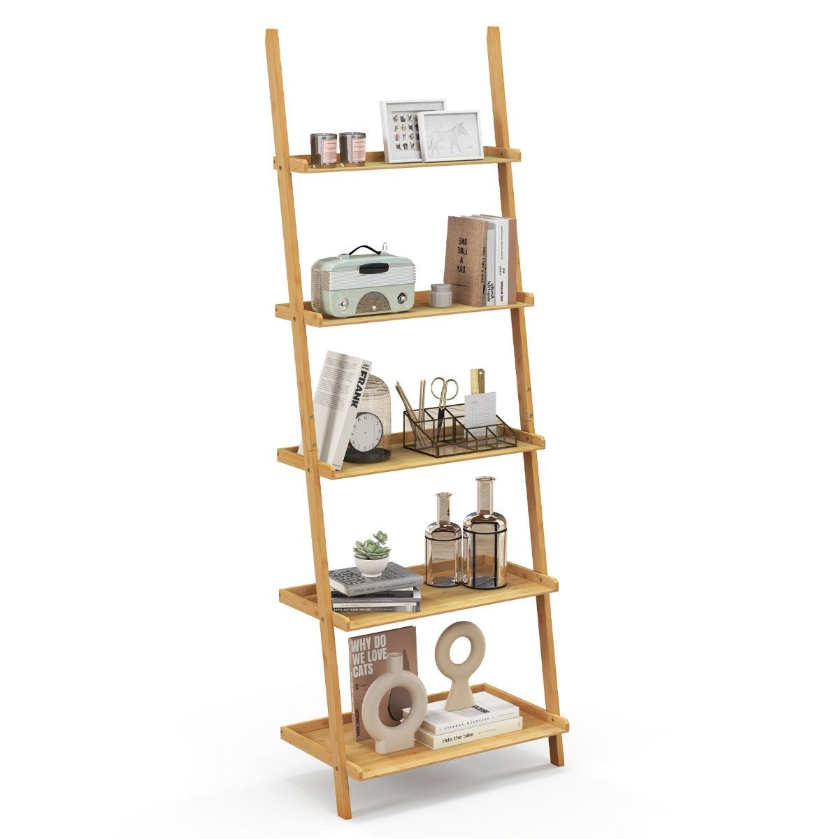 LIVSK Laddervormige Boekenkast van Bamboe - 5 Planken - Anti-Valranden - Waterdicht - 65 x 36 x 183 cm - Natuurlijk