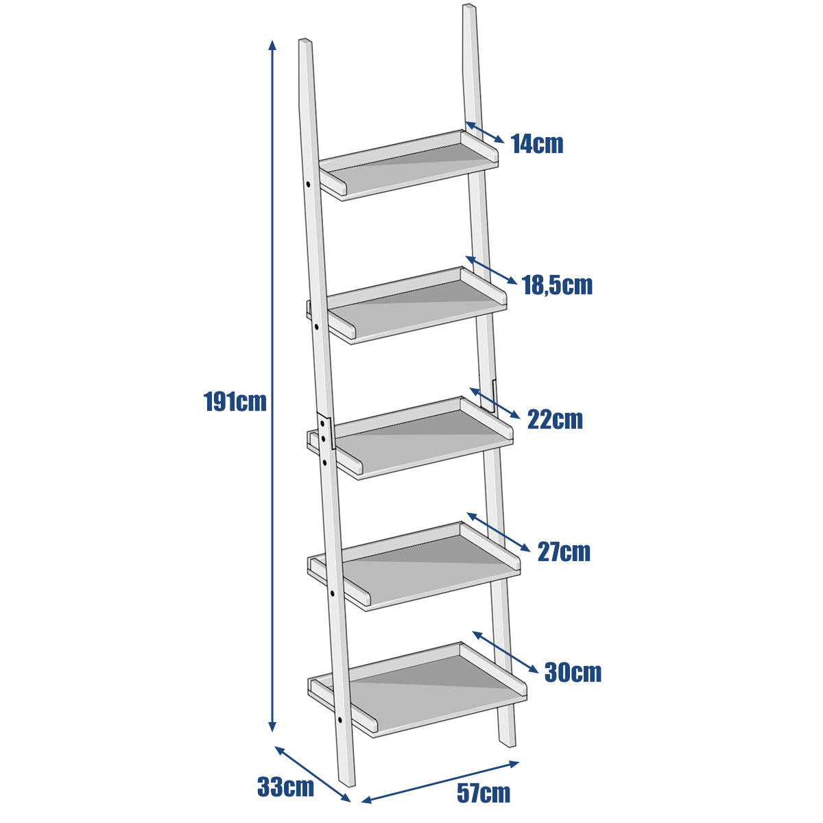 LIVSK Opbergrek Laddervormig - 5 Tiers met Stevige MDF - Diverse Breedtes voor Boeken en Decoratie - Wit