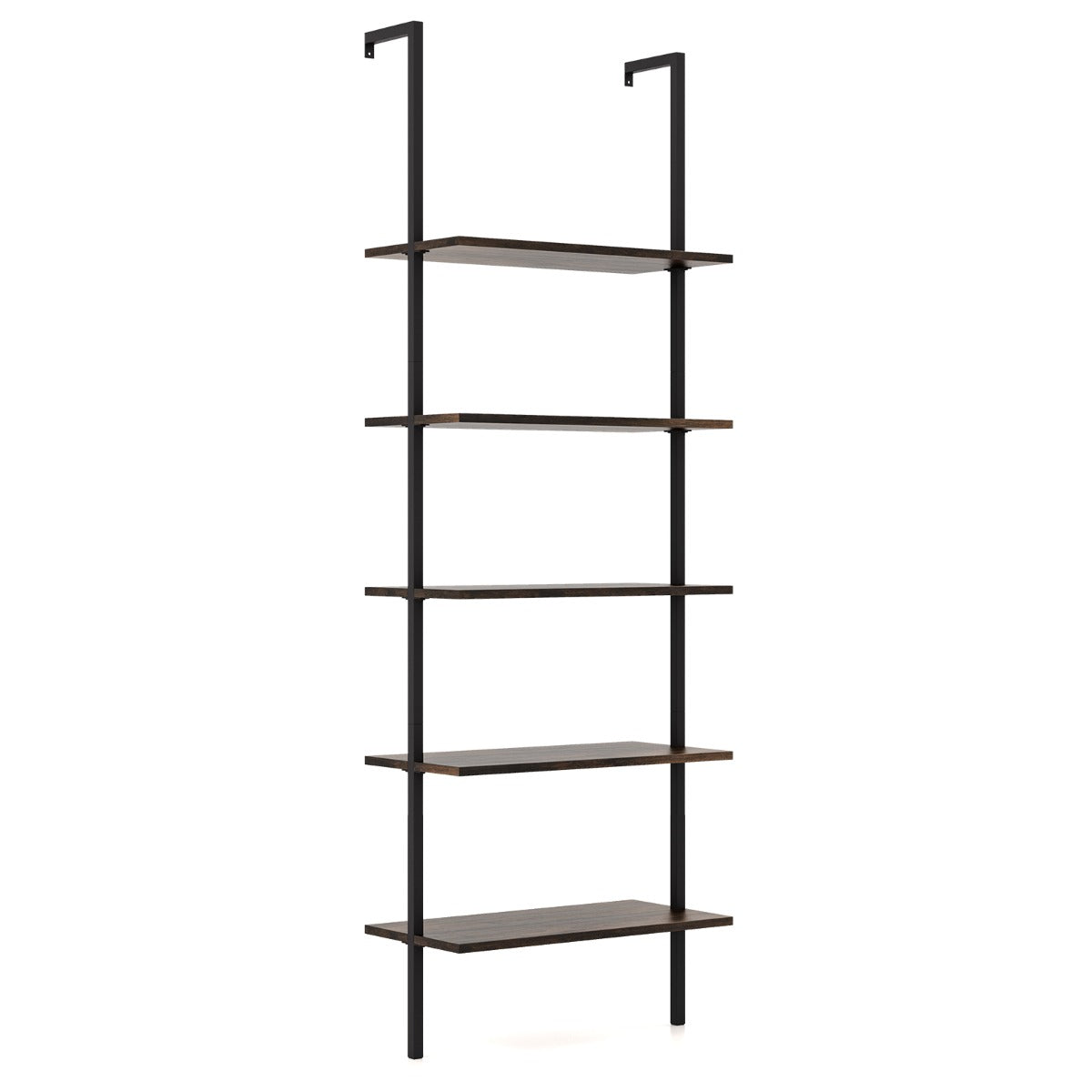 LIVSK Wandladderplank - Gepoedercoate Stalen Structuur - Vijf Open Planken - Antislip Glijders - 60 x 30 x 180 cm - Zwart & Bruin