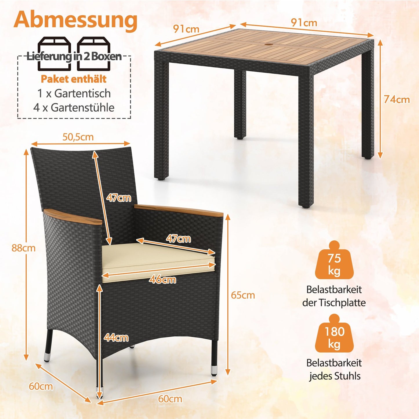 LIVSK Rattan Eettafelset - Acaciahouten Tafelblad - Parasolgat 5 cm - PE-rattan & Metaal - 4 Stoelen met Afneembare Kussens -