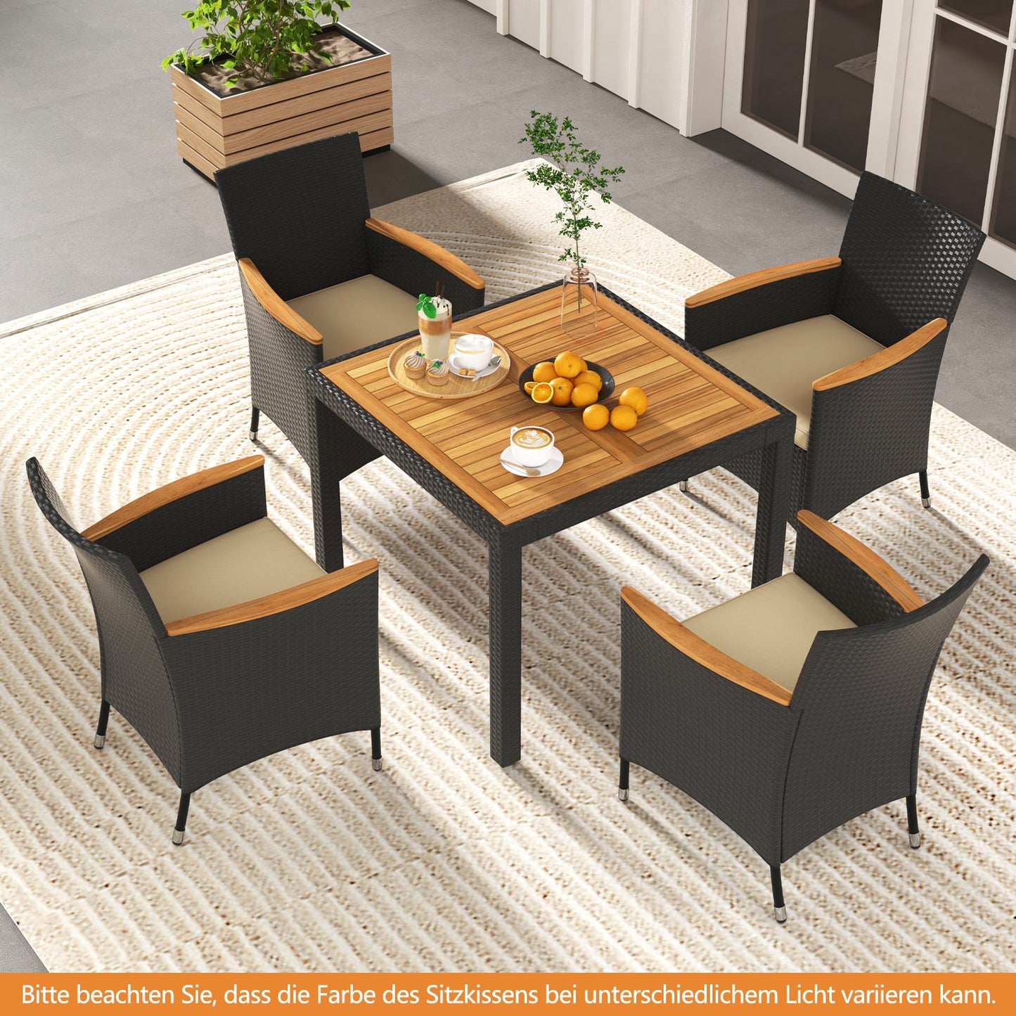 LIVSK Rattan Eettafelset - Acaciahouten Tafelblad - Parasolgat 5 cm - PE-rattan & Metaal - 4 Stoelen met Afneembare Kussens -