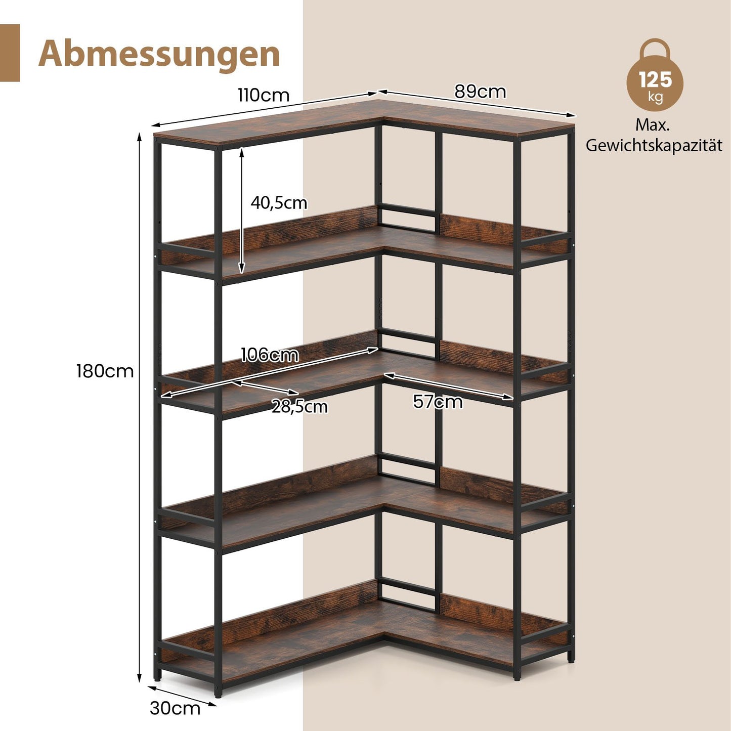 LIVSK L-vormige boekenplank - 5-traps open opslag - Duurzaam met kantelbeveiliging - Voor thuis of kantoor - Rustiek bruin