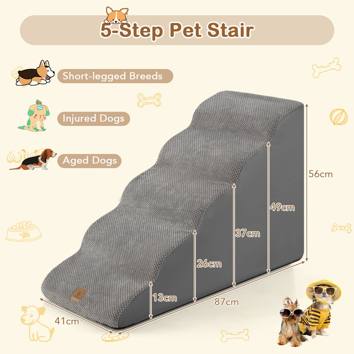 LIVSK Huisdierhelling - 5 Treden - Antislip Schuim - Tot 30 kg - Afneembare Wasbare Hoes - Grijs