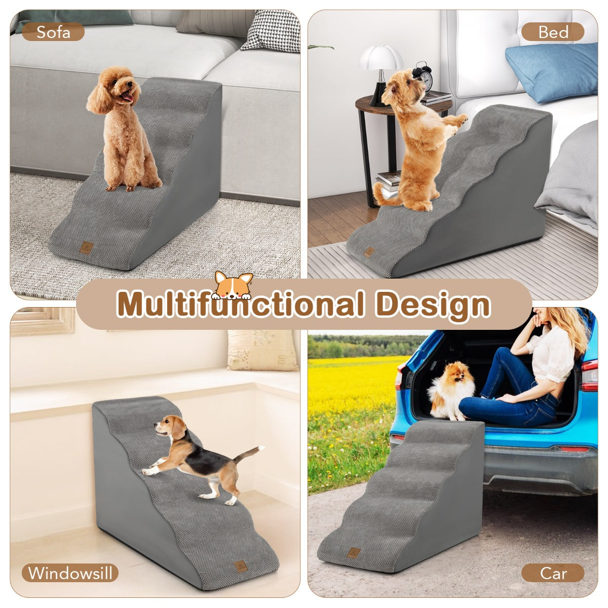 LIVSK Huisdierhelling - 5 Treden - Antislip Schuim - Tot 30 kg - Afneembare Wasbare Hoes - Grijs