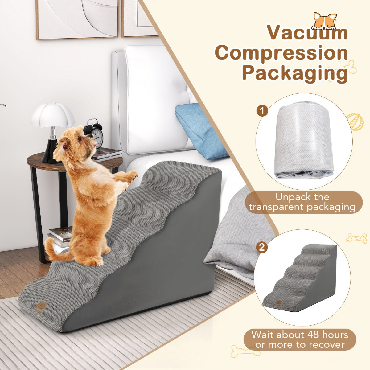 LIVSK Huisdierhelling - 5 Treden - Antislip Schuim - Tot 30 kg - Afneembare Wasbare Hoes - Grijs