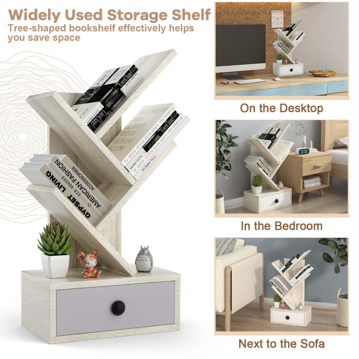 LIVSK Boomvormige Boekenkast - 5 Planken en Lade - Compact voor Bureau - Eenvoudige Montage - Beige + Grijs