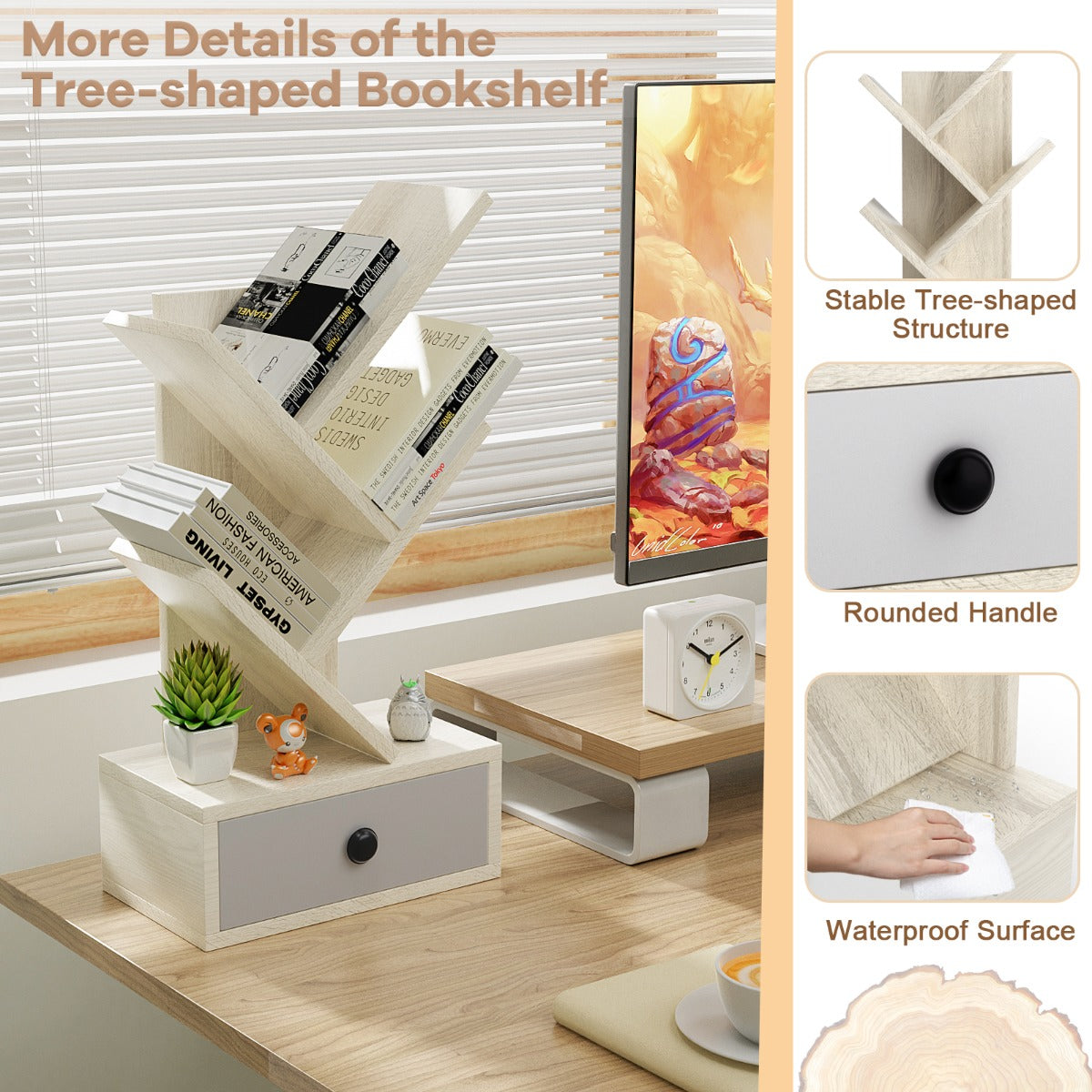 LIVSK Boomvormige Boekenkast - 5 Planken en Lade - Compact voor Bureau - Eenvoudige Montage - Beige + Grijs