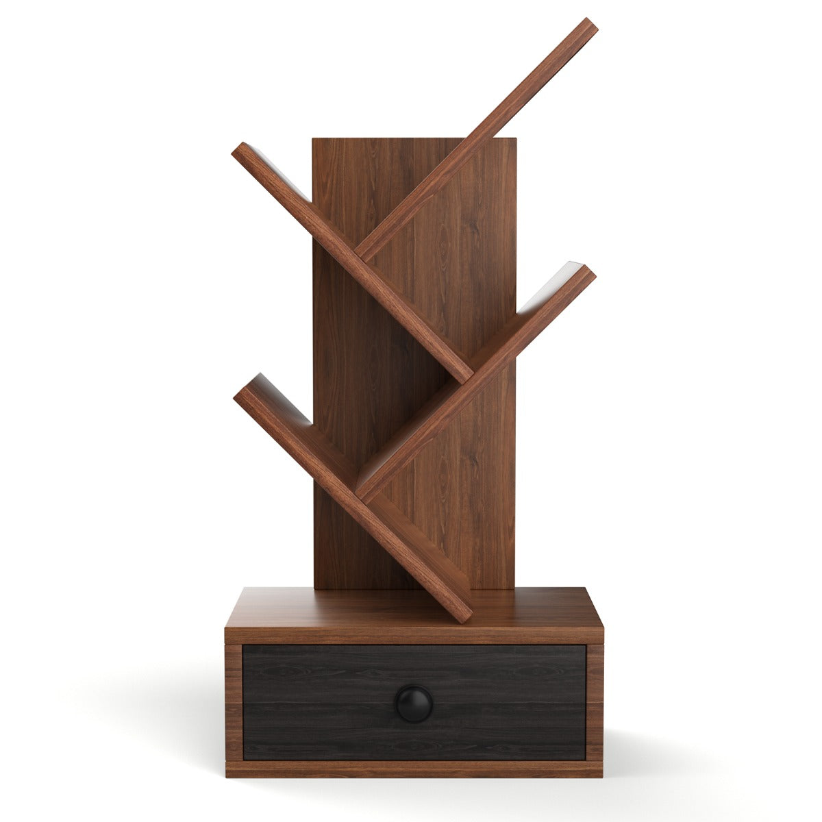 LIVSK Boomvormige Boekenkast - 5 Planken en Lade - Compact voor Bureau - Gelamineerd Hout - Bruin + Zwart