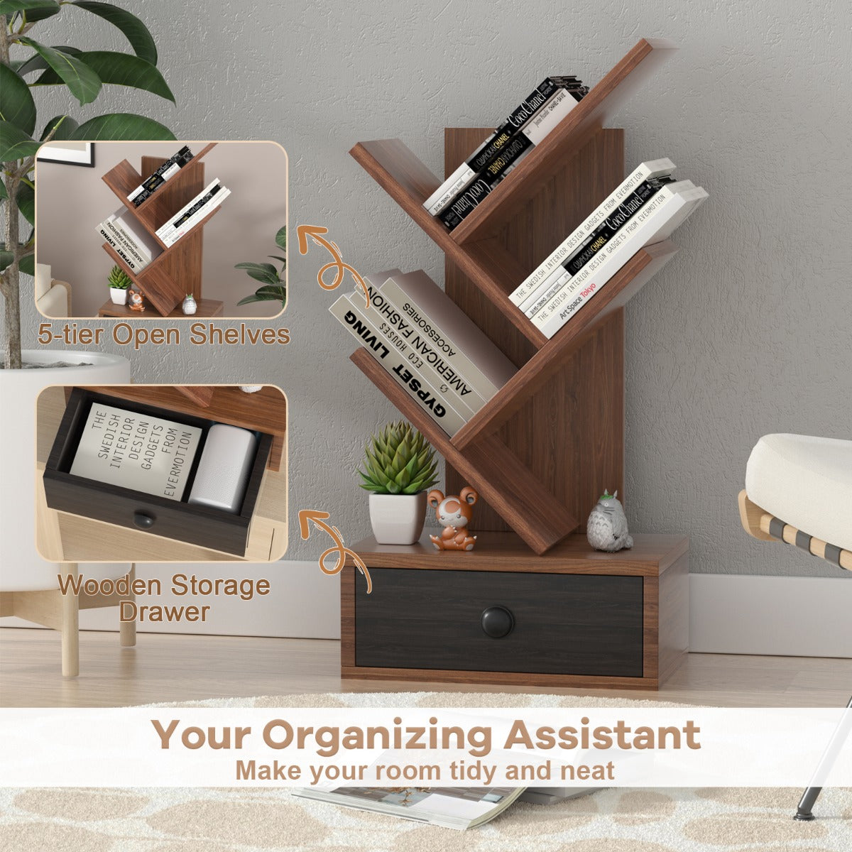 LIVSK Boomvormige Boekenkast - 5 Planken en Lade - Compact voor Bureau - Gelamineerd Hout - Bruin + Zwart