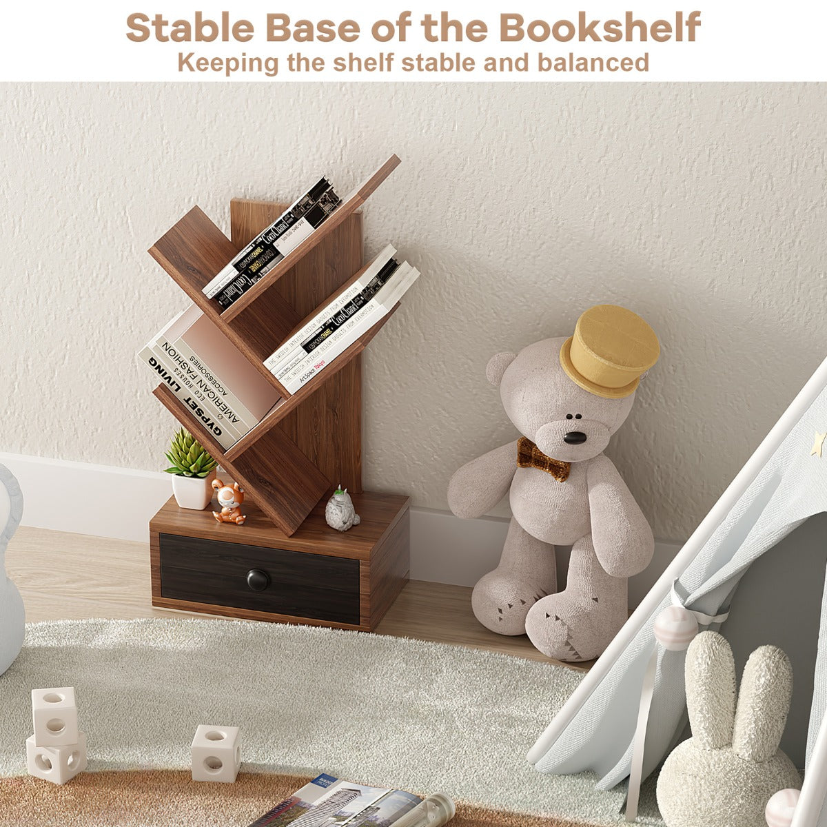 LIVSK Boomvormige Boekenkast - 5 Planken en Lade - Compact voor Bureau - Gelamineerd Hout - Bruin + Zwart