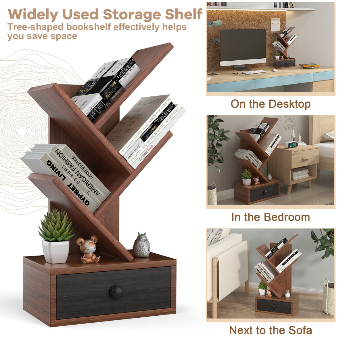 LIVSK Boomvormige Boekenkast - 5 Planken en Lade - Compact voor Bureau - Gelamineerd Hout - Bruin + Zwart