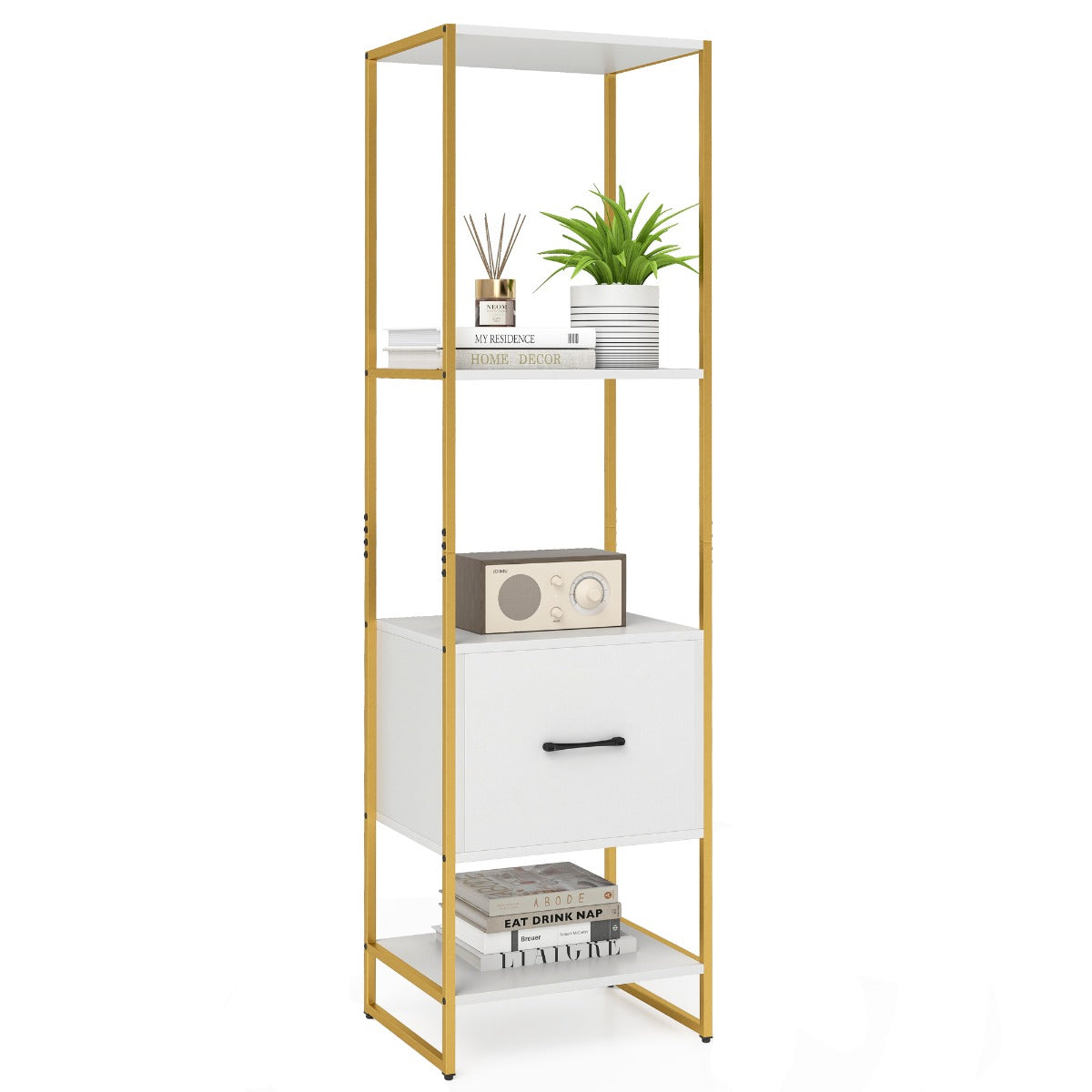 LIVSK Boekenkast met Lade - 5 Niveaus - Stevig Metalen Frame - Ruimtebesparend - Tot 60 kg - Rustiek bruin & zwart