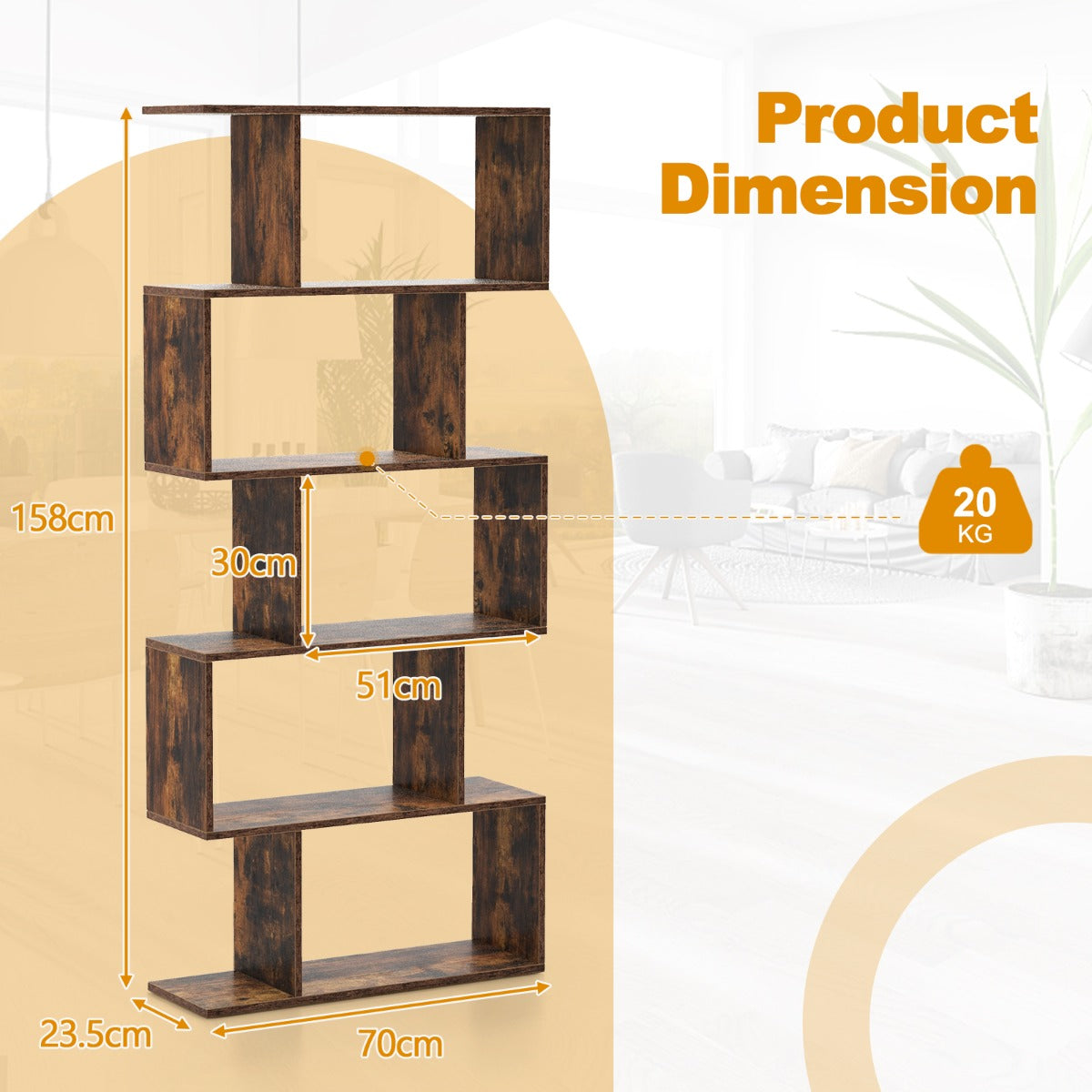 LIVSK S-vormige Boekenkast - Uniek Geometrisch Ontwerp - Vijf Open Legplanken - Duurzaam Multiplex - 70 x 23,5 x 158 cm - Rustiek