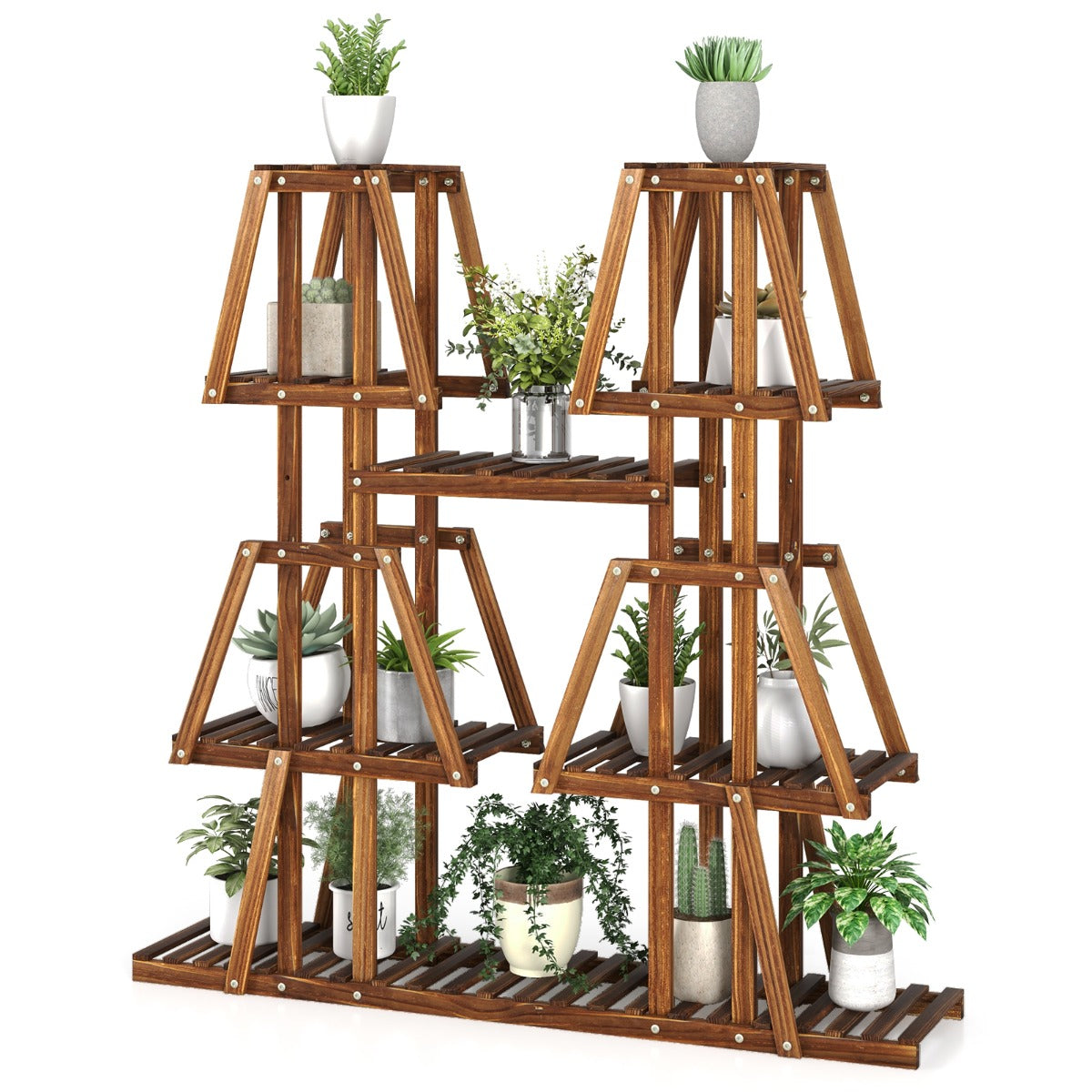 LIVSK Houten Plantenstandaard met 5 Etages - 10 Planken - Hoog-Laag Structuur - Duurzaam Grenenhout - 113 x 27 x 114 cm - Bruin