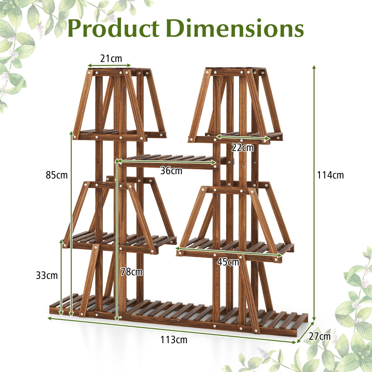 LIVSK Houten Plantenstandaard met 5 Etages - 10 Planken - Hoog-Laag Structuur - Duurzaam Grenenhout - 113 x 27 x 114 cm - Bruin