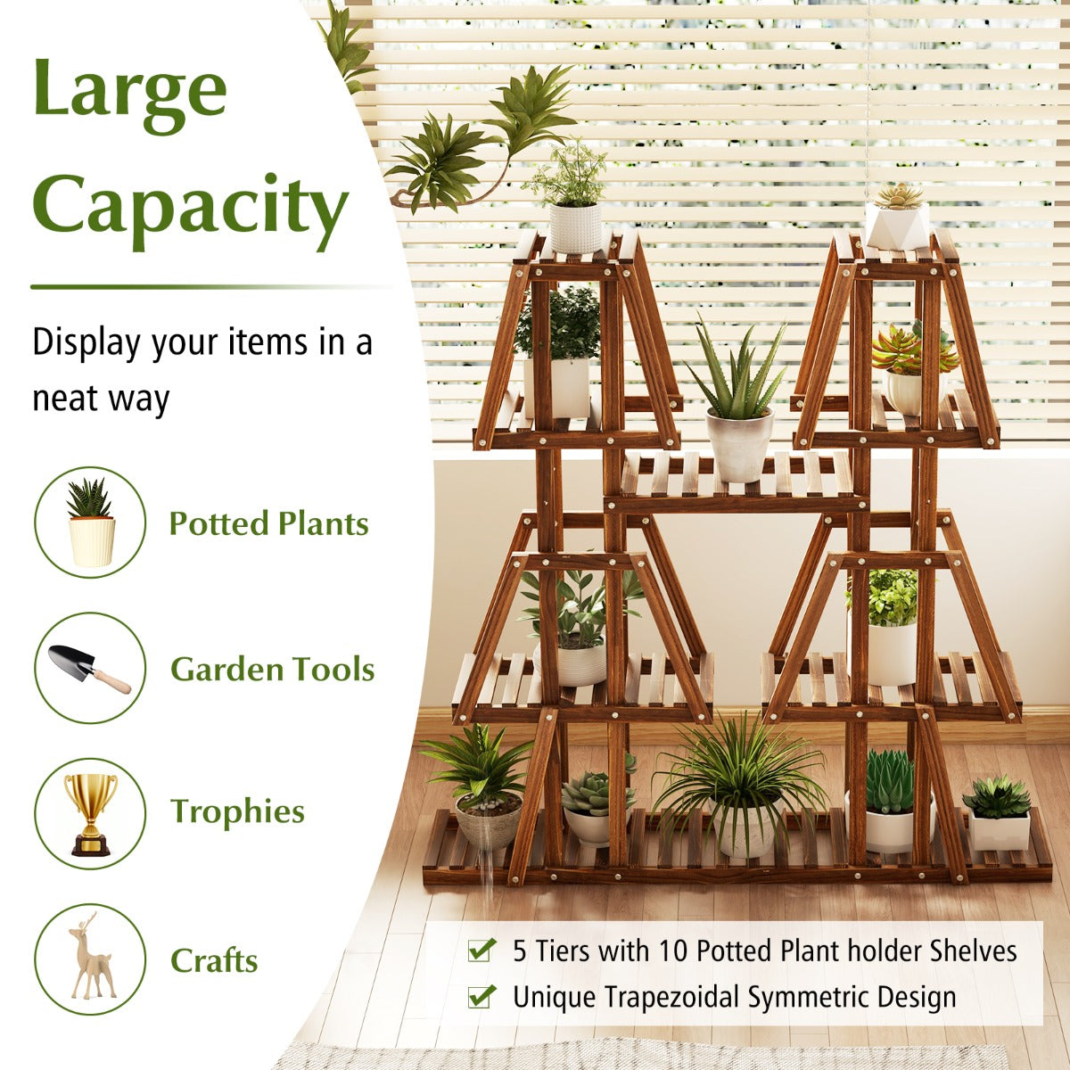 LIVSK Houten Plantenstandaard met 5 Etages - 10 Planken - Hoog-Laag Structuur - Duurzaam Grenenhout - 113 x 27 x 114 cm - Bruin