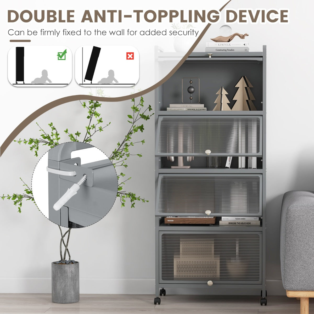 LIVSK Rollende Magnetronkast - 5 Niveaus met Ingetrokken Deuren - Mobiel met Zwenkwielen - Totale Draagkracht 75 kg - Grijs