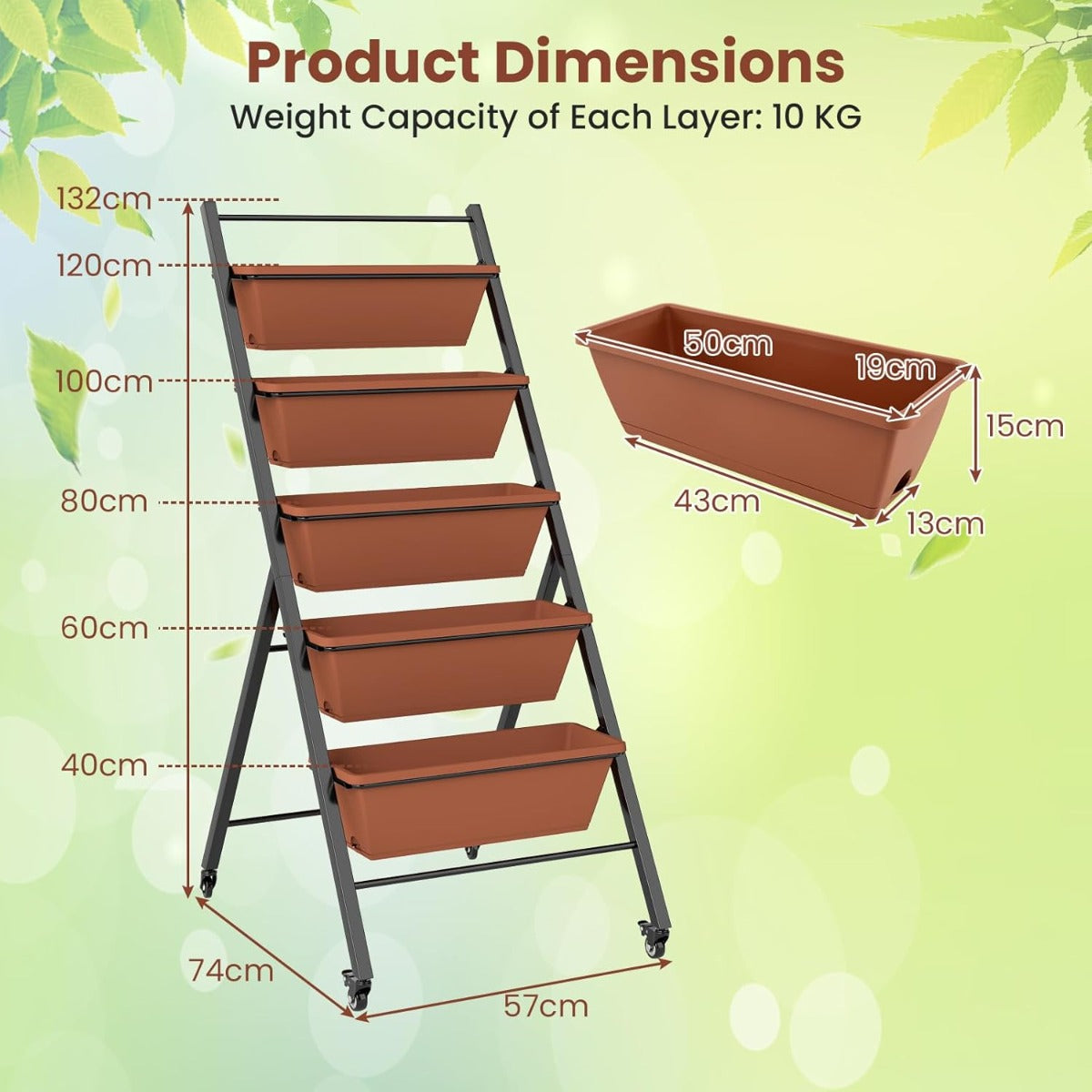 LIVSK 5-laags Verhoogd Tuinbed - Verticale Structuur met Hoekverstelling - Weerbestendig PP - 4 Wielen - 57 x 74 x 132 cm - Bruin