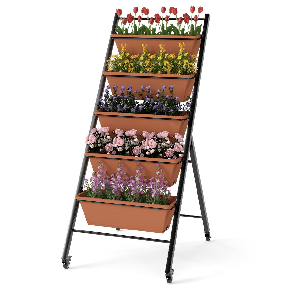 LIVSK 5-laags Verhoogd Tuinbed - Verticale Structuur met Hoekverstelling - Weerbestendig PP - 4 Wielen - 57 x 74 x 132 cm - Bruin