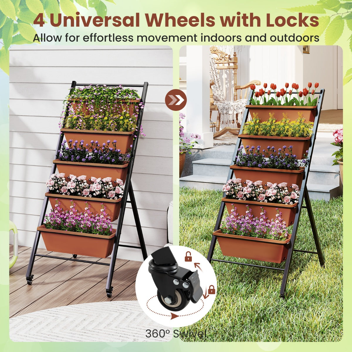LIVSK 5-laags Verhoogd Tuinbed - Verticale Structuur met Hoekverstelling - Weerbestendig PP - 4 Wielen - 57 x 74 x 132 cm - Bruin