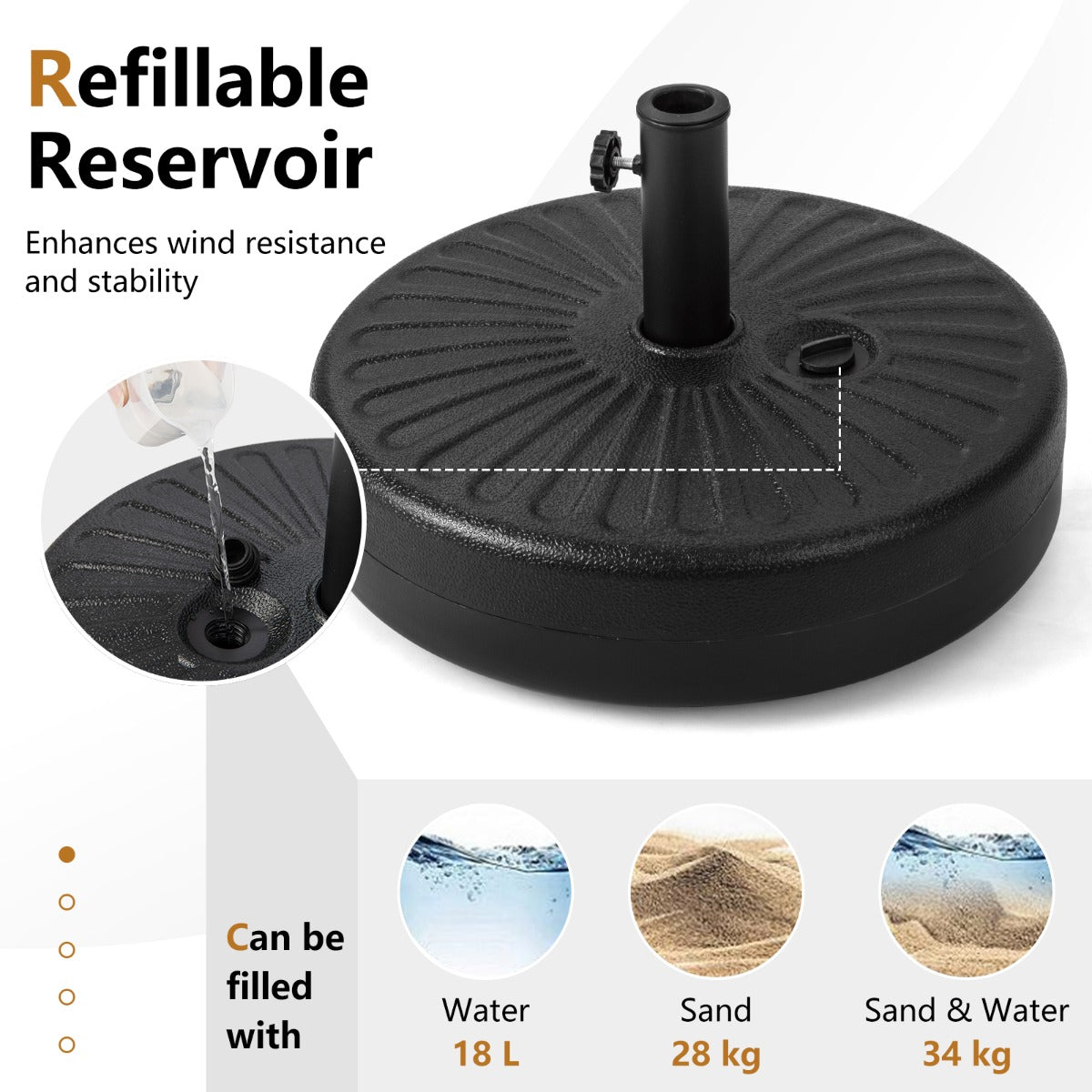 LIVSK Vulbare Parasolvoetsteun - 18 L Capaciteit - HDPE Materiaal - Geschikt voor 270-300 cm Parasols - 50 x 30 cm - Zwart