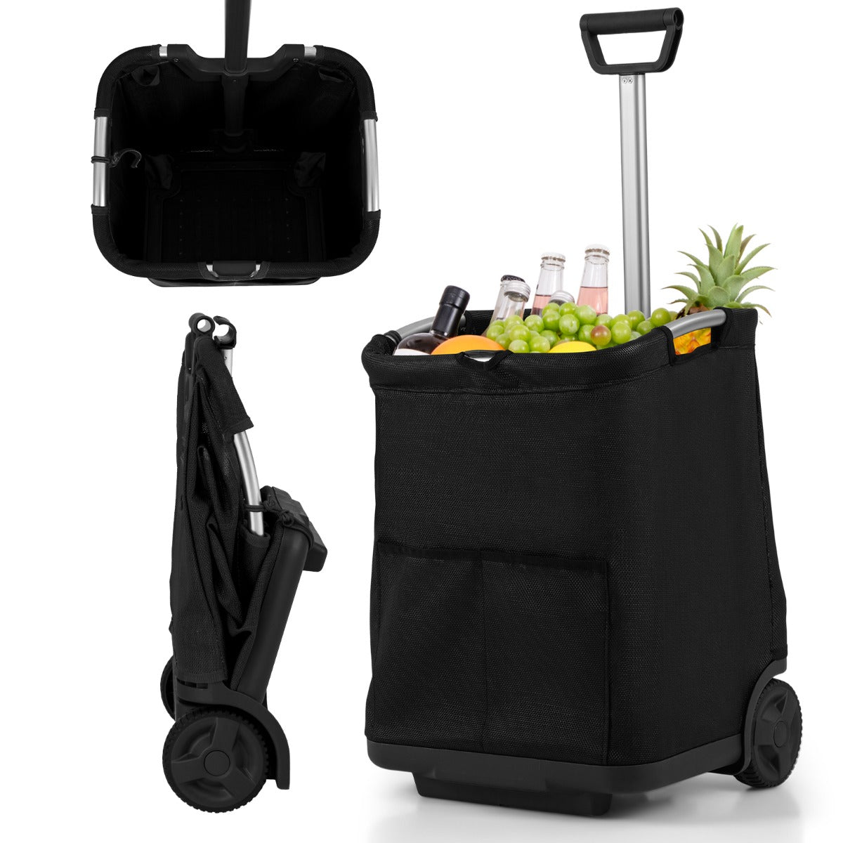 Livsk costway 50 liter opvouwbare boodschappentrolley draagbare multifunctionele kar met drie opbergtassen