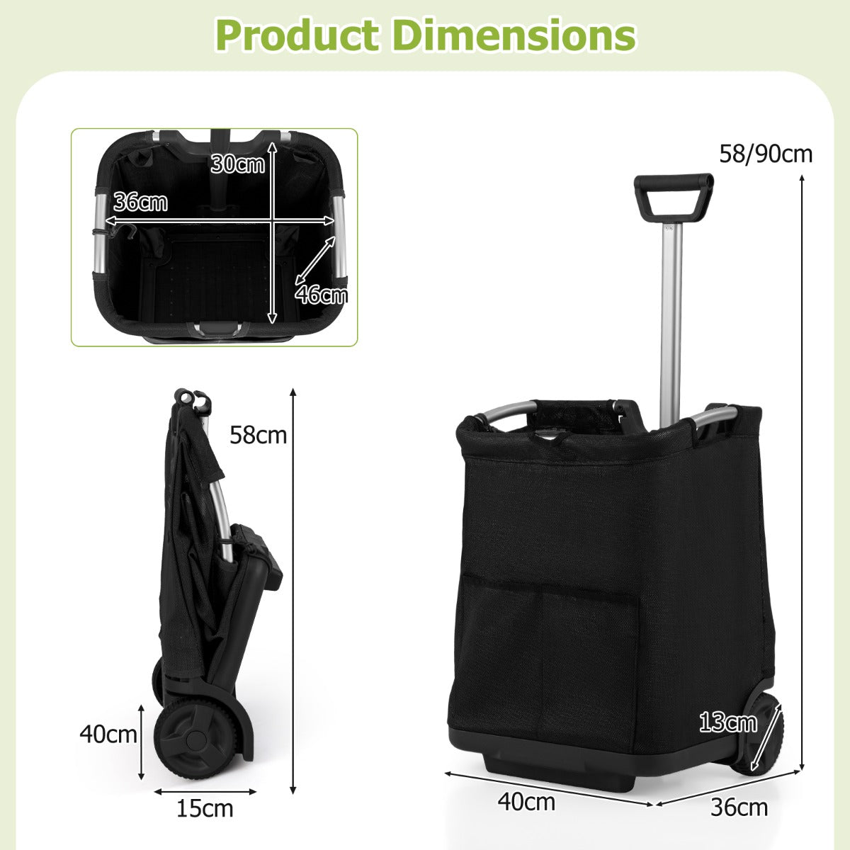 Livsk costway 50 liter opvouwbare boodschappentrolley draagbare multifunctionele kar met drie opbergtassen 2