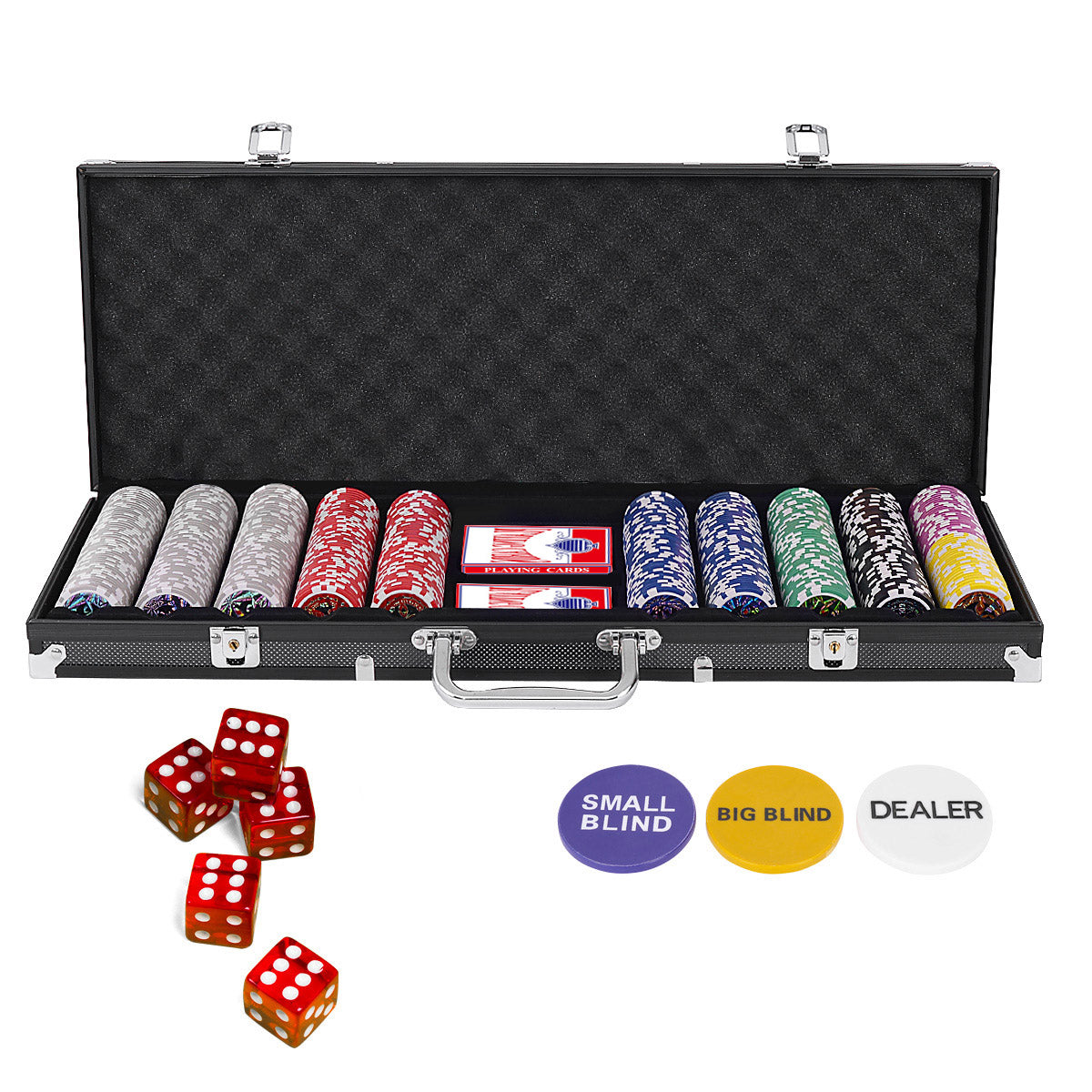 LIVSK Poker Set - 500 Fiches - 2 Speelkaarten - 5 Dobbelstenen - Aluminium Koffer - Tafelkleed - Zwart