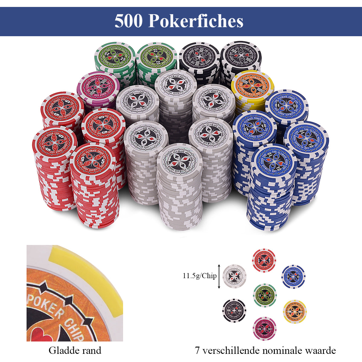 LIVSK Poker Set - 500 Fiches - 2 Speelkaarten - 5 Dobbelstenen - Aluminium Koffer - Tafelkleed - Zwart