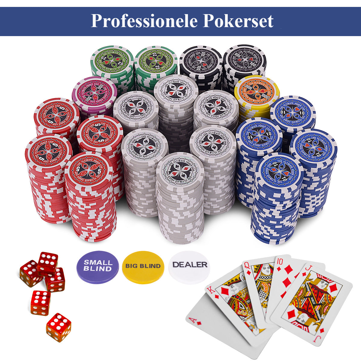 LIVSK Poker Set - 500 Fiches - 2 Speelkaarten - 5 Dobbelstenen - Aluminium Koffer - Tafelkleed - Zwart