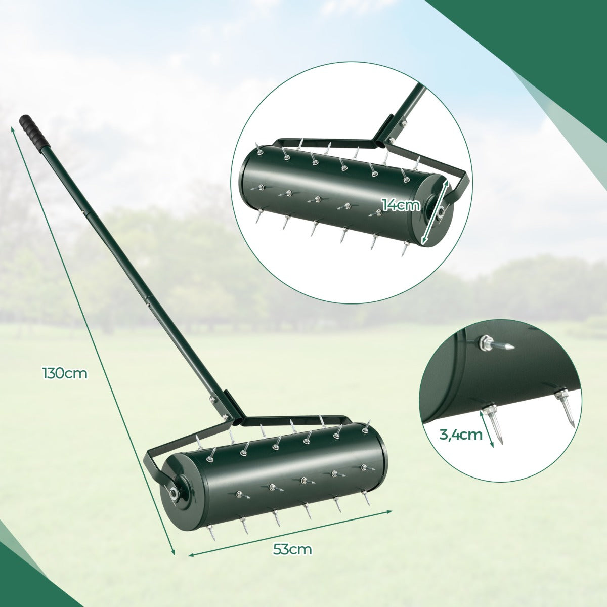 LIVSK Rollende Gazonventilator - 33 Roestvrije Spikes - Vulbare Trommel - Ergonomische Handgreep - 53 x 130 cm - Groen
