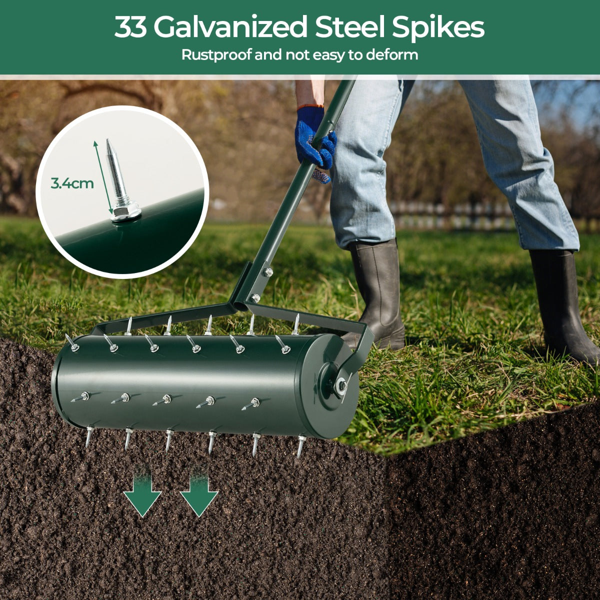 LIVSK Rollende Gazonventilator - 33 Roestvrije Spikes - Vulbare Trommel - Ergonomische Handgreep - 53 x 130 cm - Groen