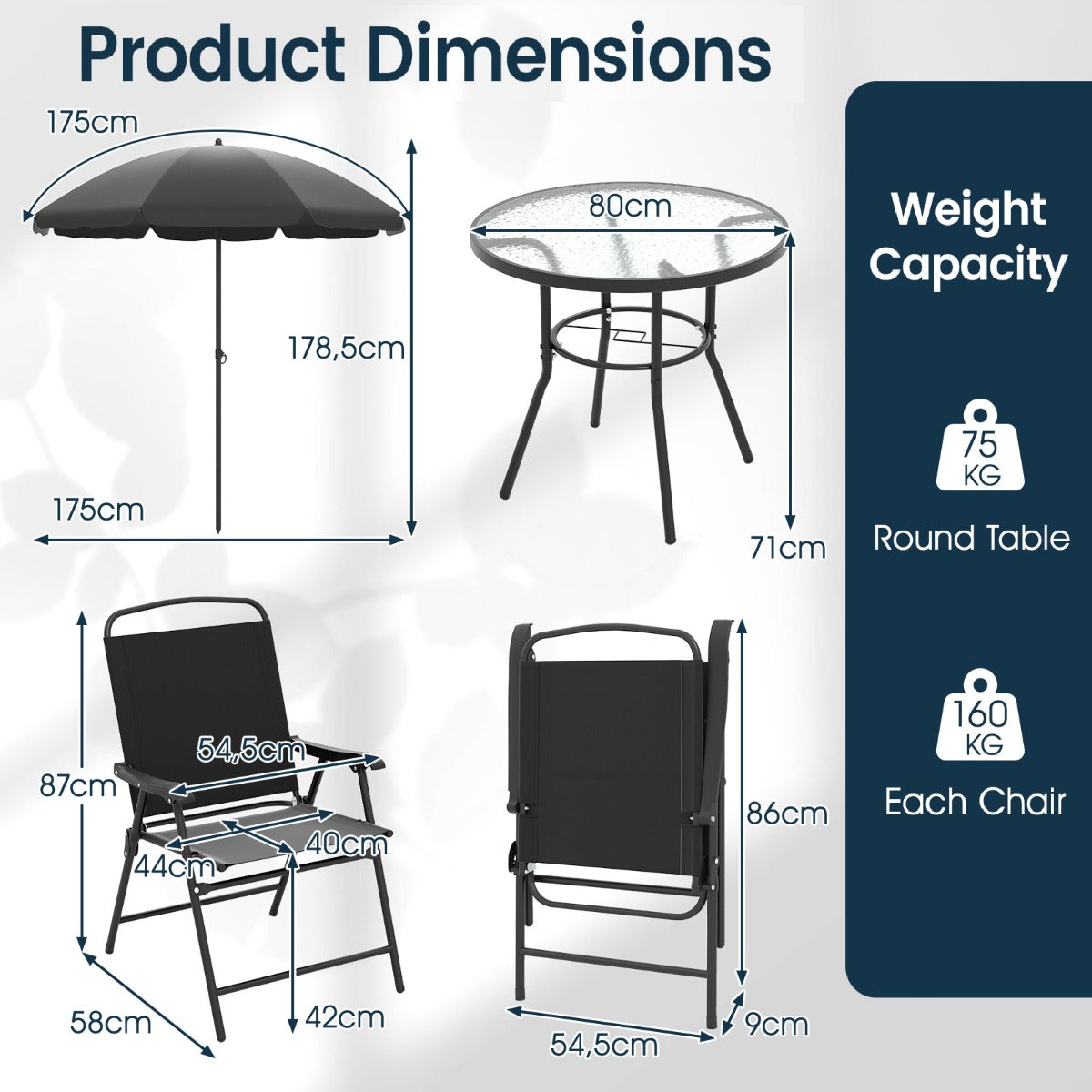 LIVSK 6-delige Tuin Eetset met Parasol - 4 Opklapbare Stoelen - Ronde Tafel van Gehard Glas - Ergonomisch - Zwart