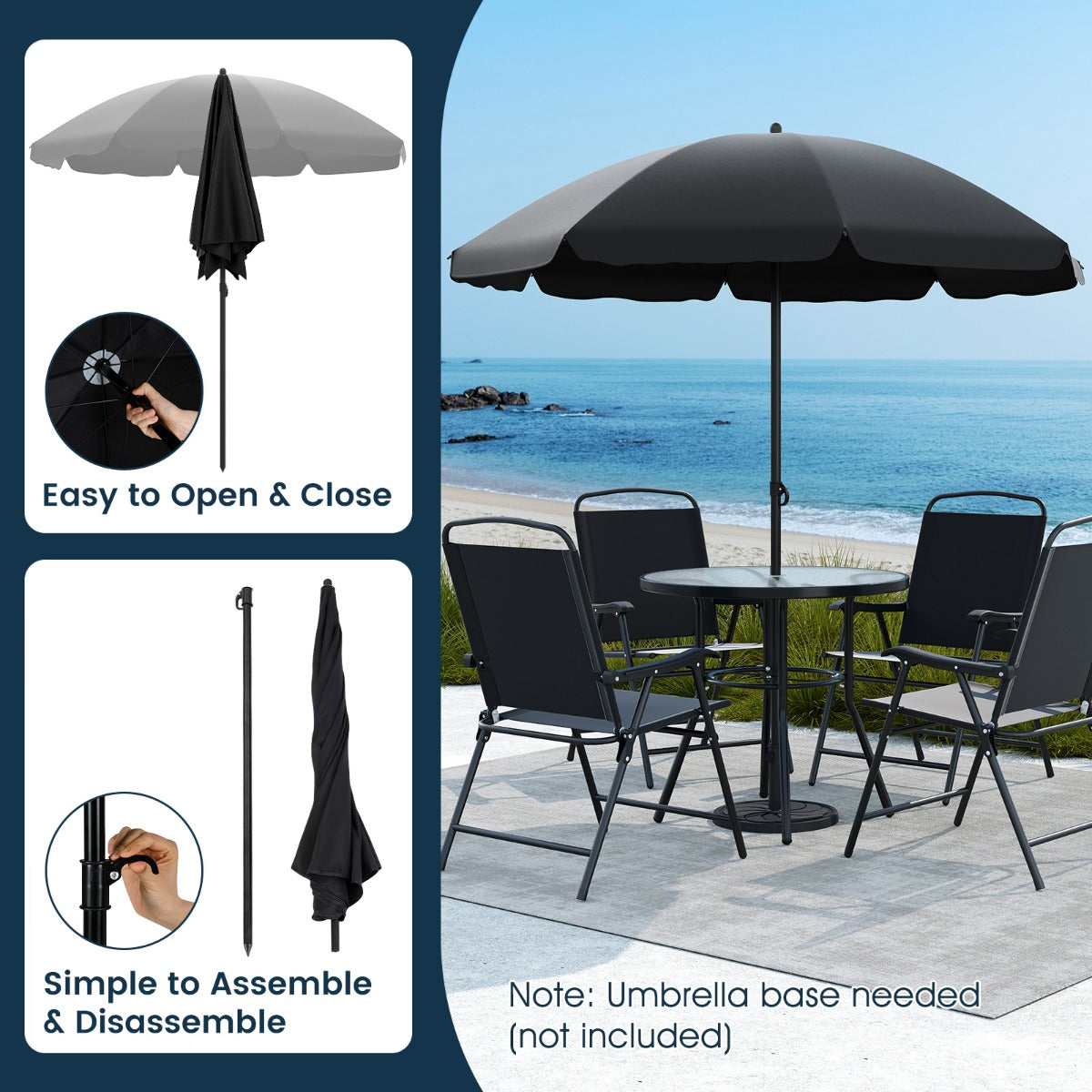 LIVSK 6-delige Tuin Eetset met Parasol - 4 Opklapbare Stoelen - Ronde Tafel van Gehard Glas - Ergonomisch - Zwart