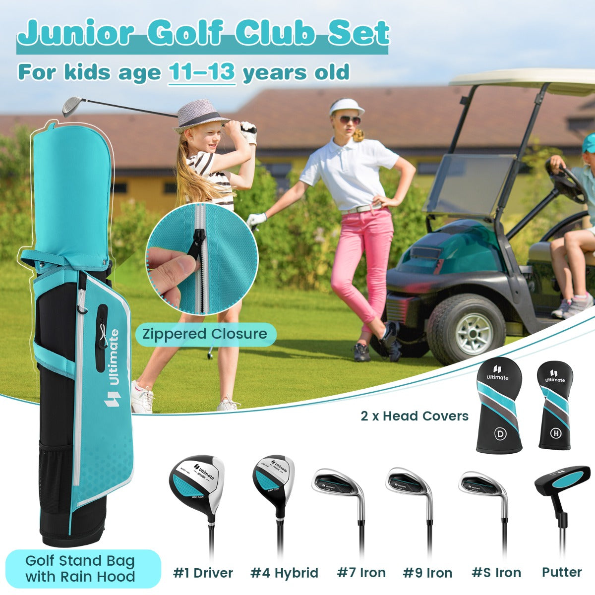 LIVSK Junior Golfclubset met Golftas en Regenhoes - Driver, Hybride, IJzers, Putter - Voor 11-13 Jaar - Blauw