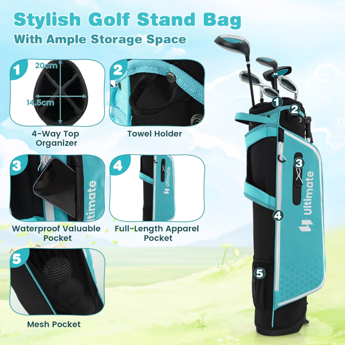 LIVSK Junior Golfclubset met Golftas en Regenhoes - Driver, Hybride, IJzers, Putter - Voor 11-13 Jaar - Blauw