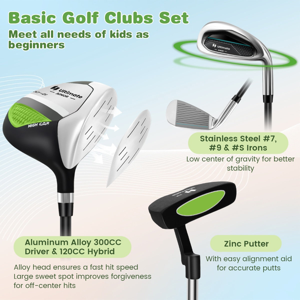 LIVSK Junior Golfclubset met Golftas en Regenhoes - Compleet voor 11-13 Jaar - Aluminium Driver - Roestvrijstalen Ijzers -