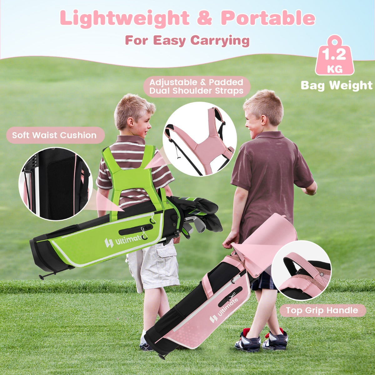 LIVSK Junior Golfclubset met Golftas en Regenhoes - Inclusief Driver, Hybride, IJzers en Putter - Lichtgewicht - Blauw/Groen/Roze
