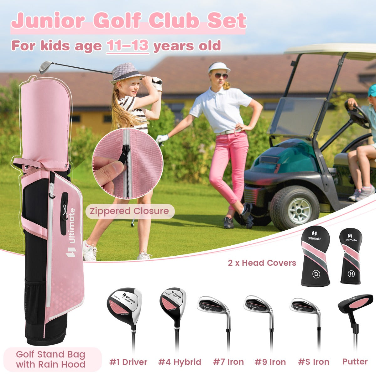 LIVSK Junior Golfclubset met Golftas en Regenhoes - Inclusief Driver, Hybride, IJzers en Putter - Lichtgewicht - Blauw/Groen/Roze