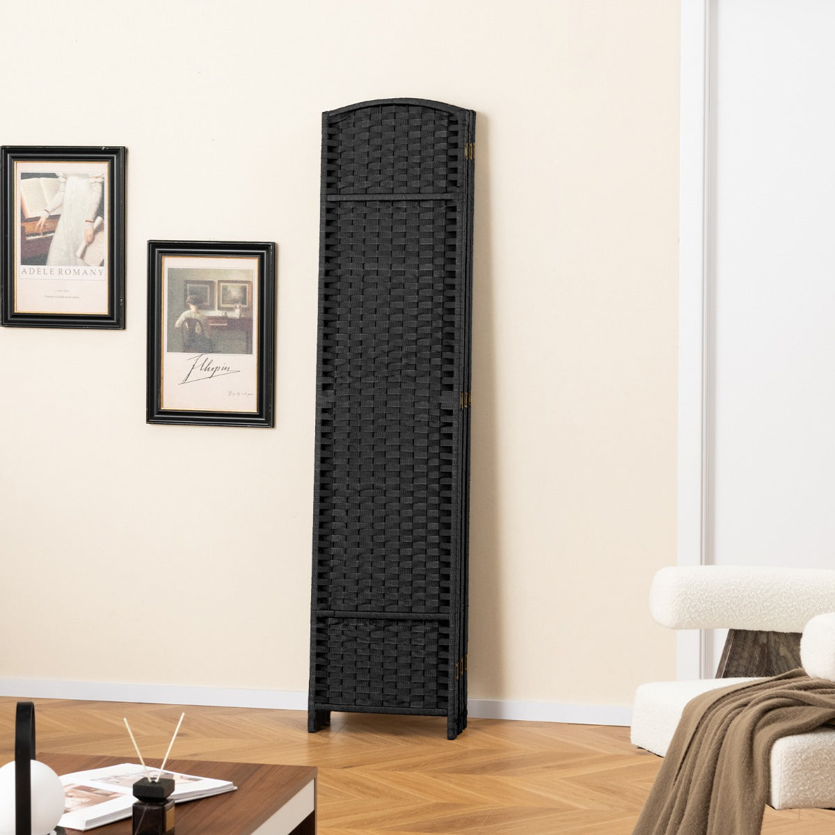 LIVSK 6-delige Scheidingswand - Handgeweven Design - Opvouwbaar - Massief Grenenhout - 240 cm - Zwart