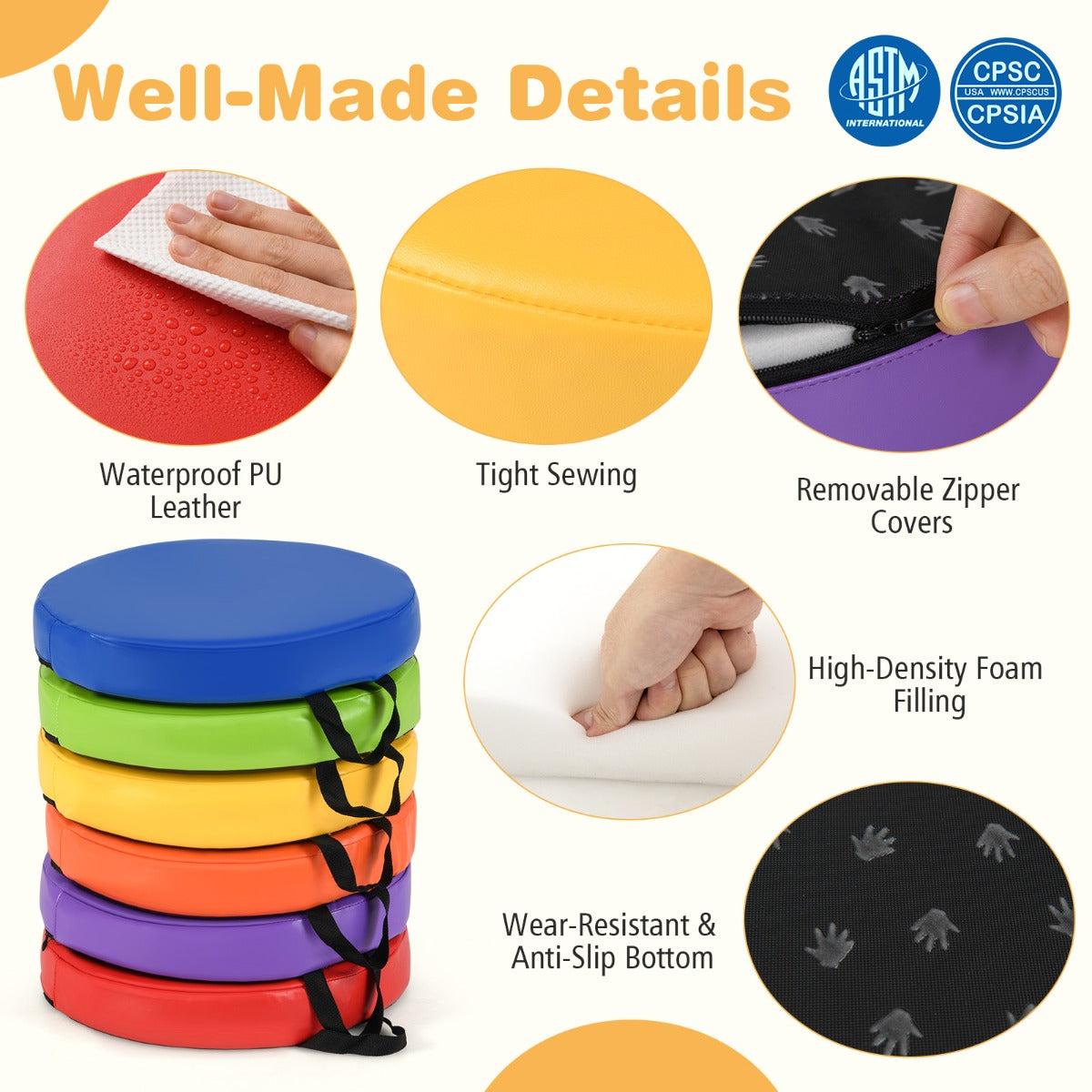 LIVSK 6-delige Vloerkussen-set - Zacht en Lichtgewicht - Waterdichte Hoezen met Handgrepen - Ideaal voor Spelen en Leren -