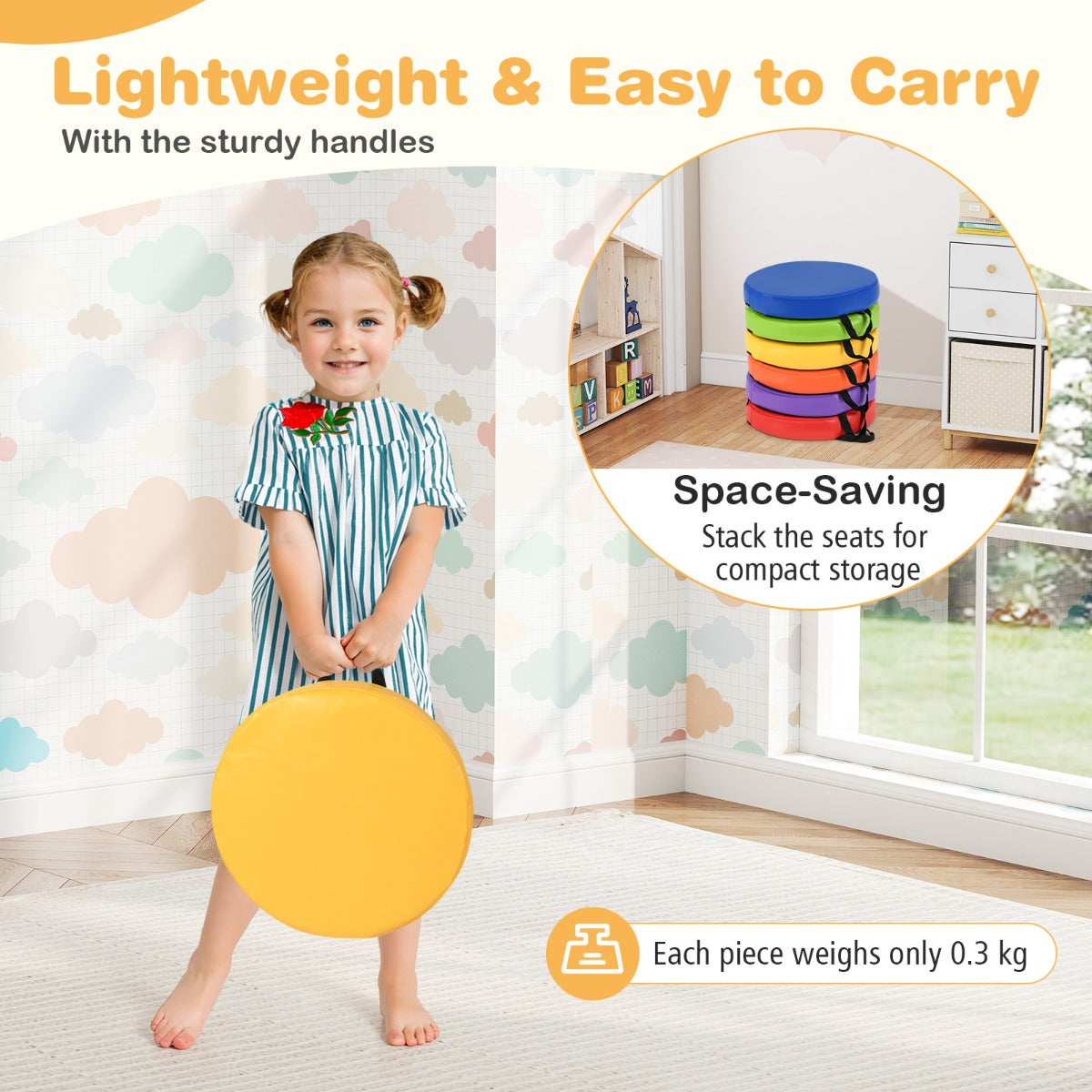 LIVSK 6-delige Vloerkussen-set - Zacht en Lichtgewicht - Waterdichte Hoezen met Handgrepen - Ideaal voor Spelen en Leren -