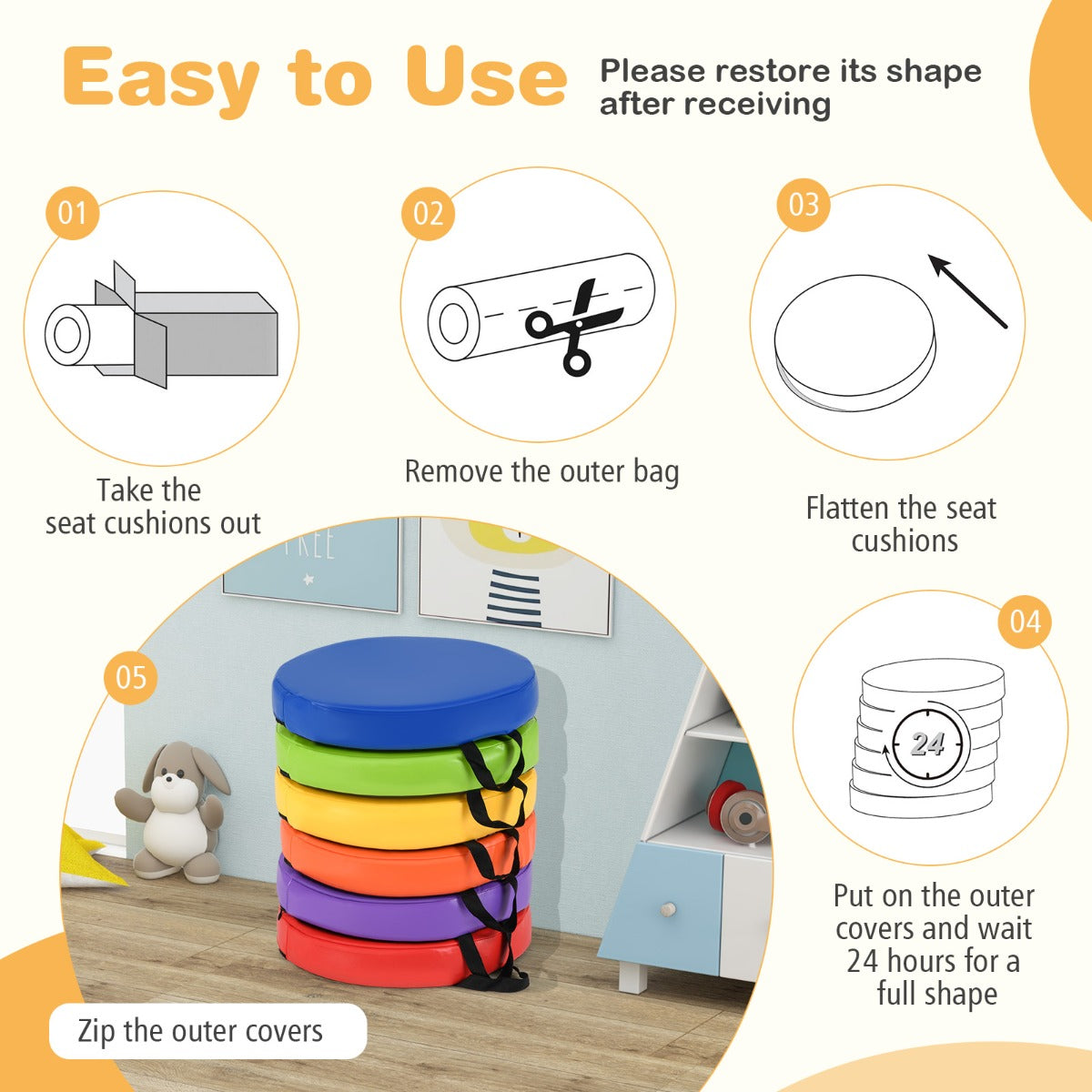 LIVSK 6-delige Vloerkussen-set - Zacht en Lichtgewicht - Waterdichte Hoezen met Handgrepen - Ideaal voor Spelen en Leren -