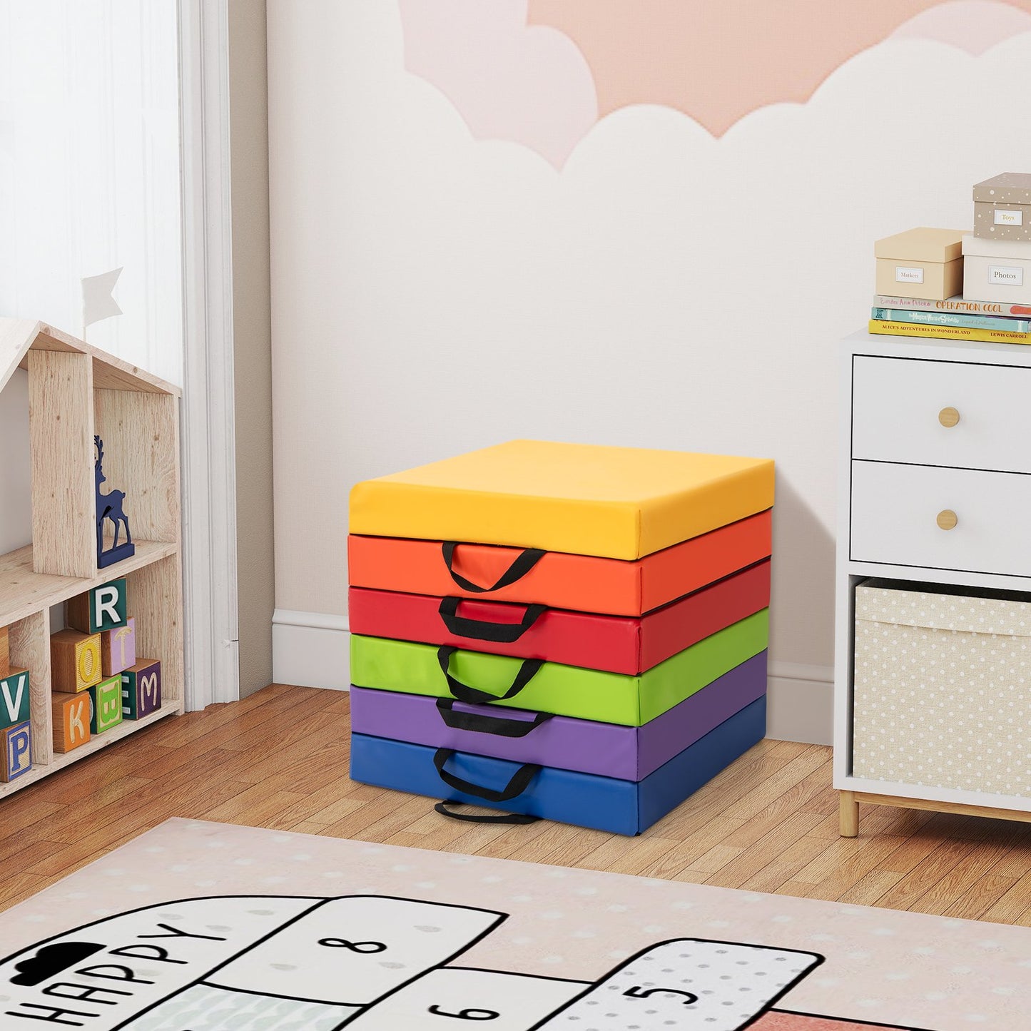 LIVSK Set van 6 Vloerkussens - Hoogwaardig Schuim - Waterdichte Kunstlederen Hoezen - Antislip - Draagbaar - Regenboog