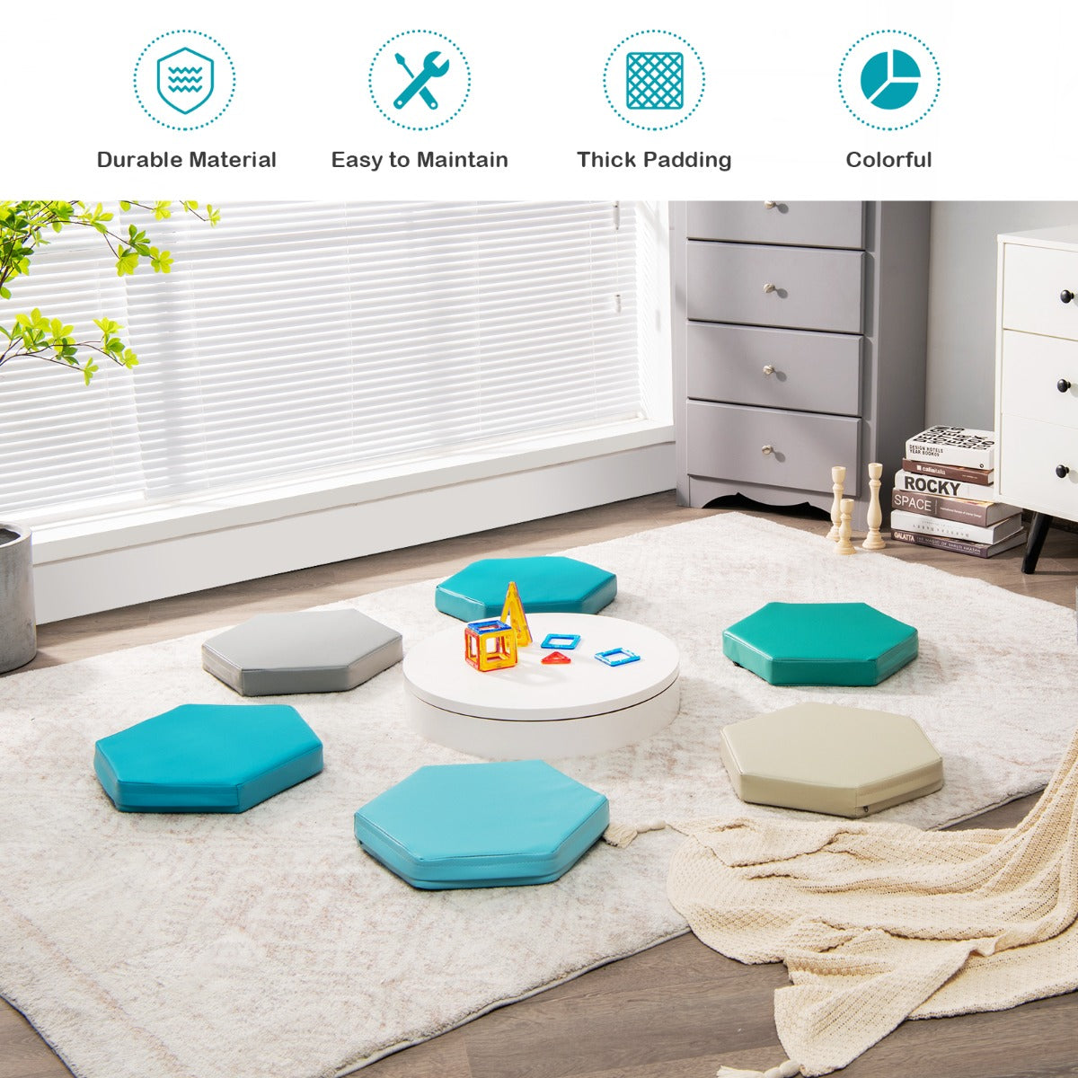 LIVSK 6-Delige Set Vloerkussens - Zeshoekig met Ergonomische Handvatten - Waterdicht en Veilig - Voor Kinderen - Blauw