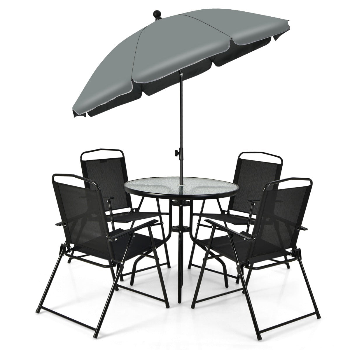 LIVSK 6-delige Patio Tafel en Stoel Set - Ergonomische Klapstoelen met Armleuningen - Gehard Glazen Salontafel - Paraplu - Grijs