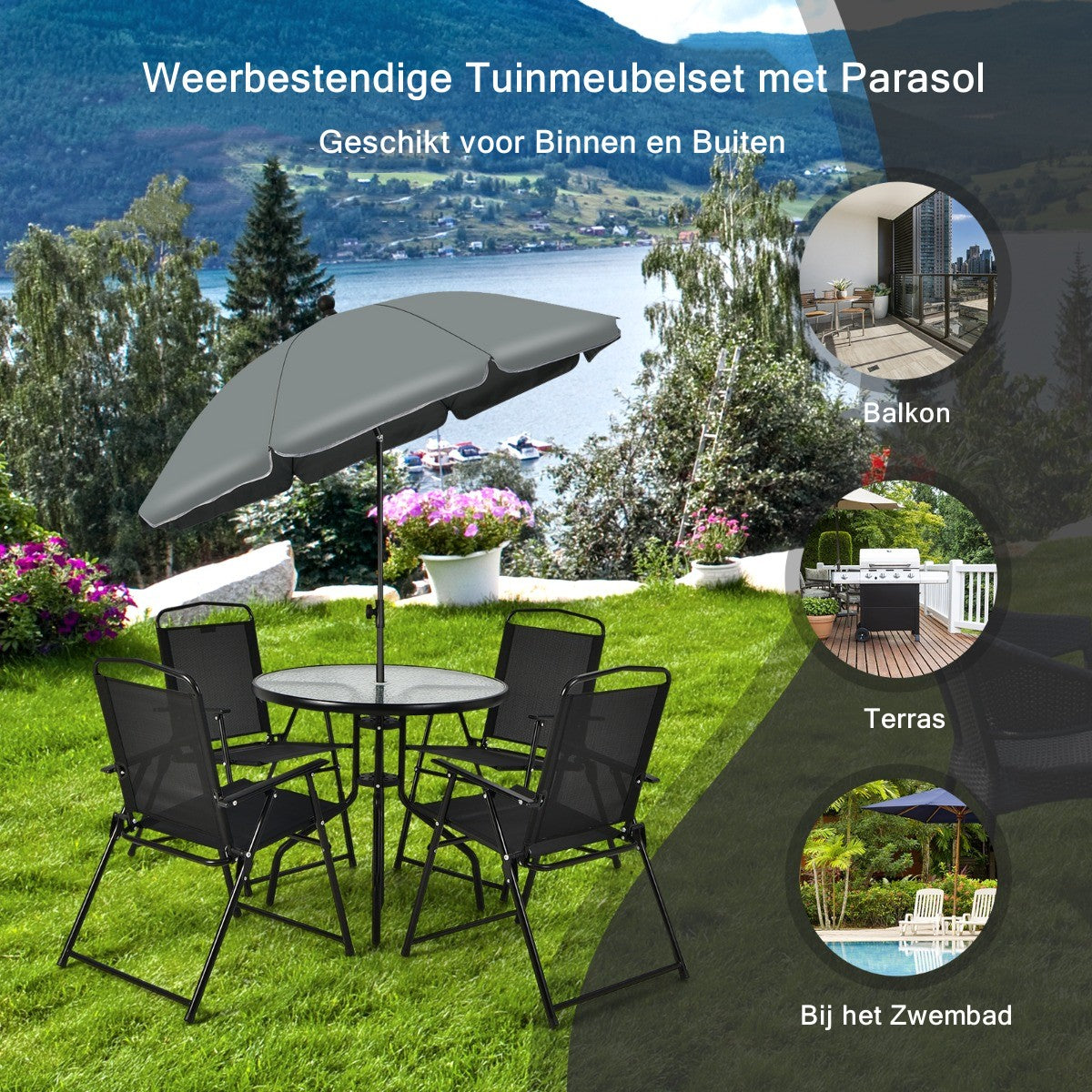 LIVSK 6-delige Patio Tafel en Stoel Set - Ergonomische Klapstoelen met Armleuningen - Gehard Glazen Salontafel - Paraplu - Grijs