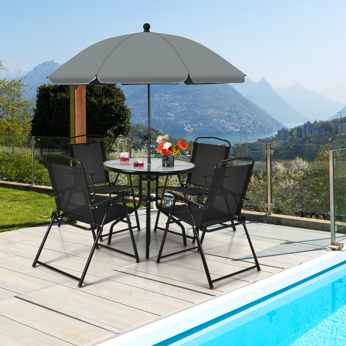LIVSK 6-delige Patio Tafel en Stoel Set - Ergonomische Klapstoelen met Armleuningen - Gehard Glazen Salontafel - Paraplu - Grijs