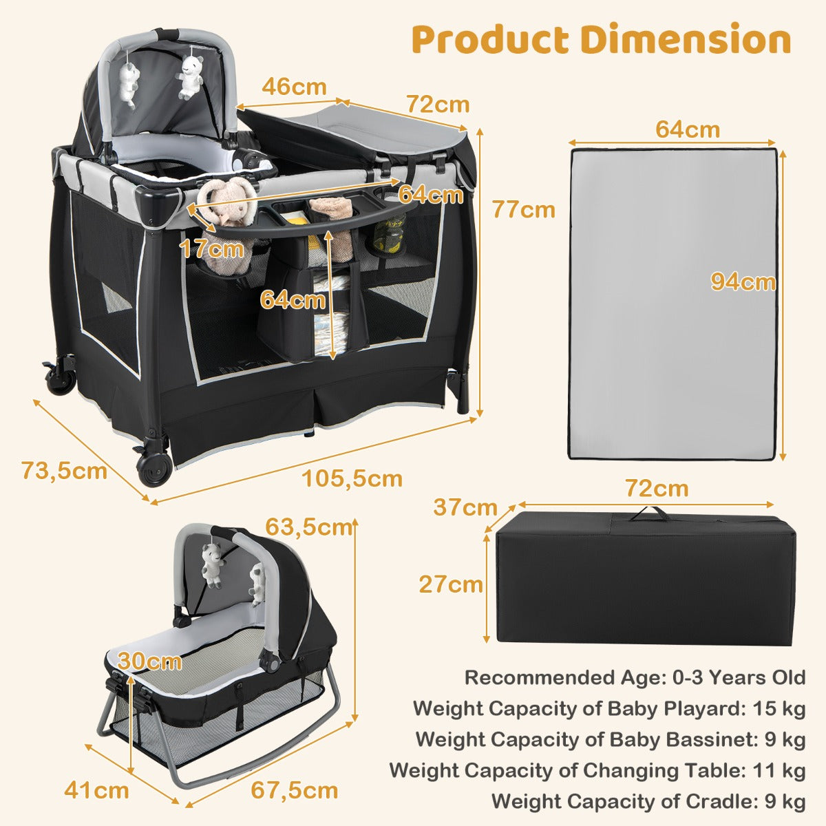 LIVSK 6-in-1 Babyreisbed - Wieg, Wipstoel, Commode, Box - Afneembaar en Opvouwbaar - Veiligheidsgordels - Tot 15 kg - Grijs