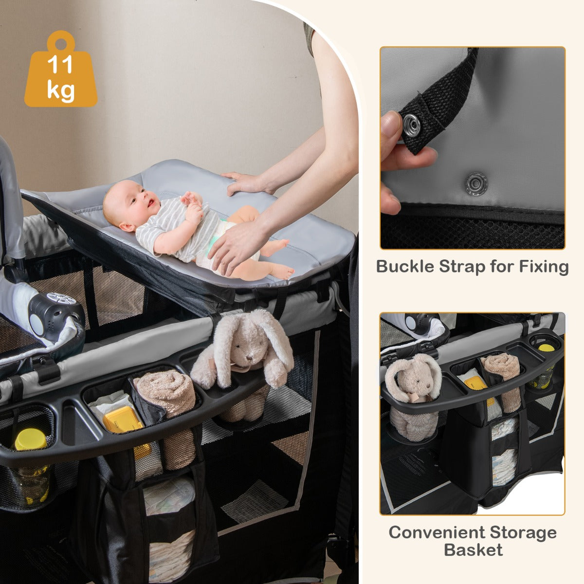 LIVSK 6-in-1 Babyreisbed - Wieg, Wipstoel, Commode, Box - Afneembaar en Opvouwbaar - Veiligheidsgordels - Tot 15 kg - Grijs